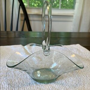 Vintage Bormioli Green Glass Serveware Pinched Large Handle Basket